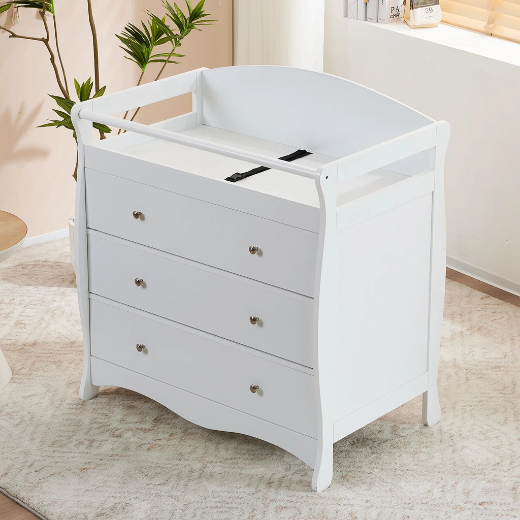 White 3-Drawer Wooden Baby Crib with Safety Rail & Storage Combo