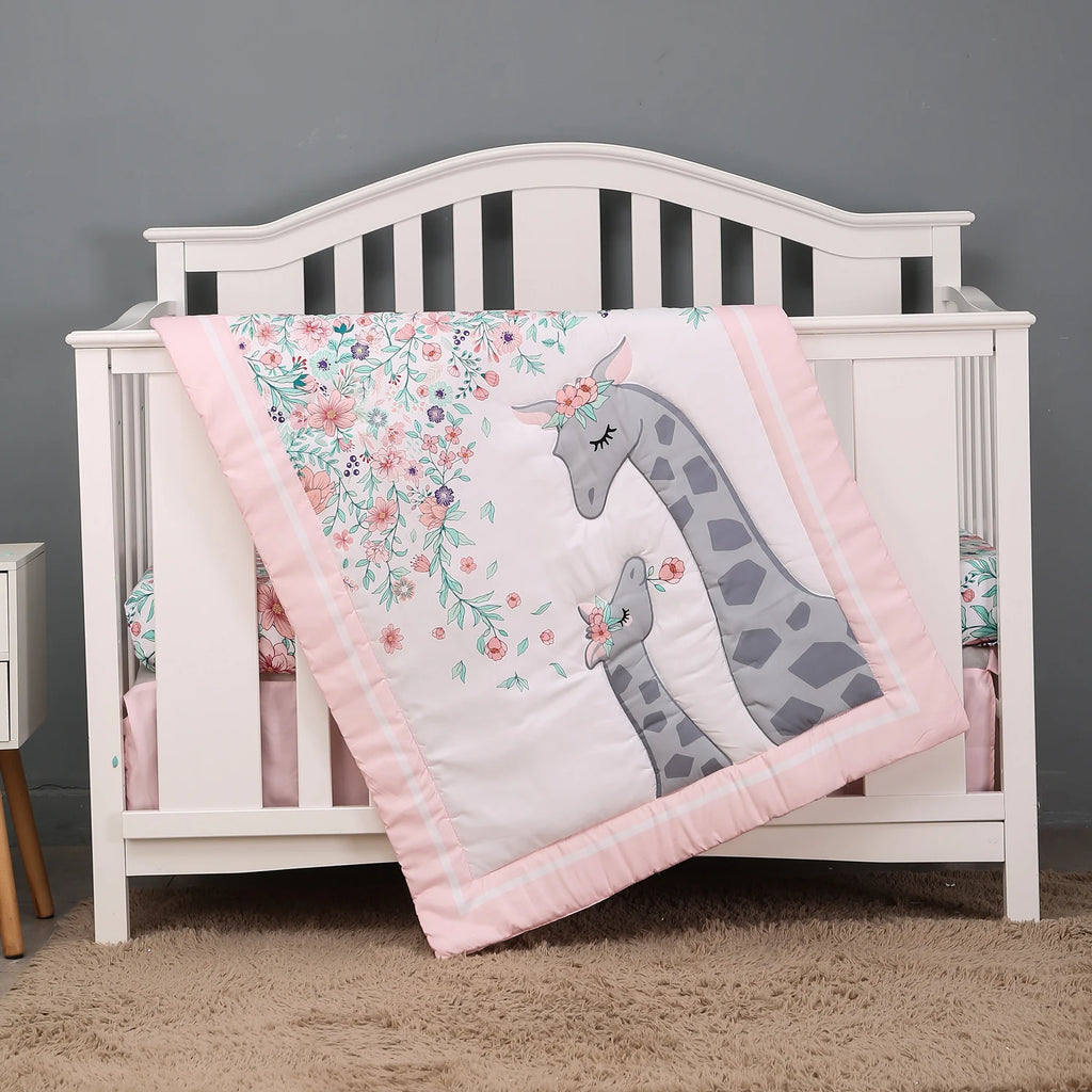 3pcs micro fiber brushed Baby Crib Bedding Set swan and flower design for Girls hot sale including quilt, crib sheet, crib skirt