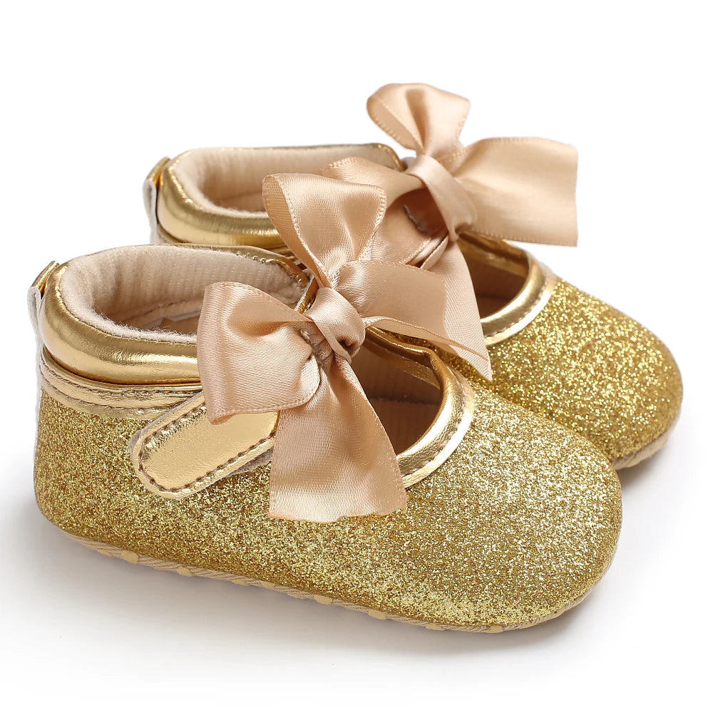 Golden 0-18M Baby Girl Shoes Cute Bow Flat Shoes Soft Sole Newborn Princess Walker Sandals Formal Baby Shoes