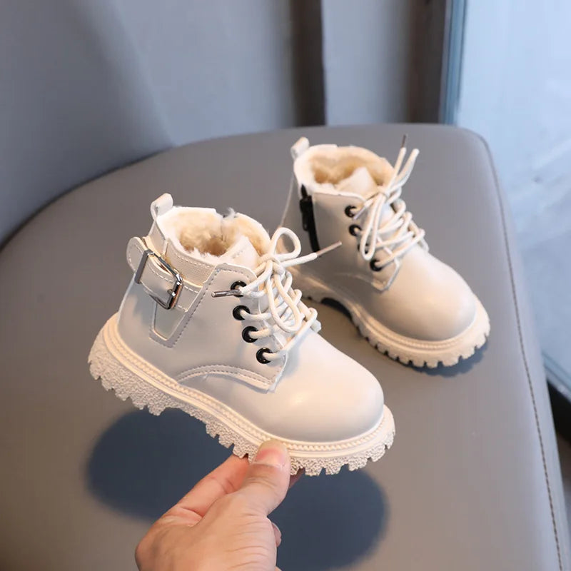 Baby Kids Short Boots Fashion Toddler Girls Booties Kids Snow Boots Winter Plush Children Waterproof Leather Boots