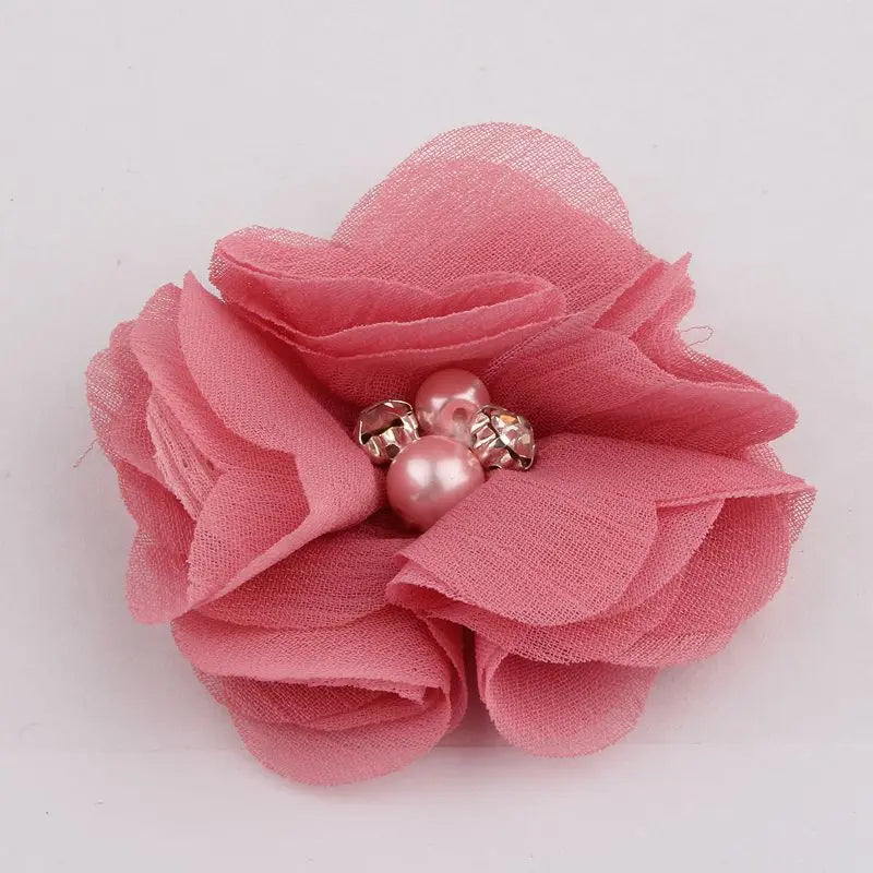 10PCS 2" 35 Colors Cute Chic Chiffon Flowers With Rhinestone Pearl Fabric Hair Flower With Clips For Girls Hair Accessories