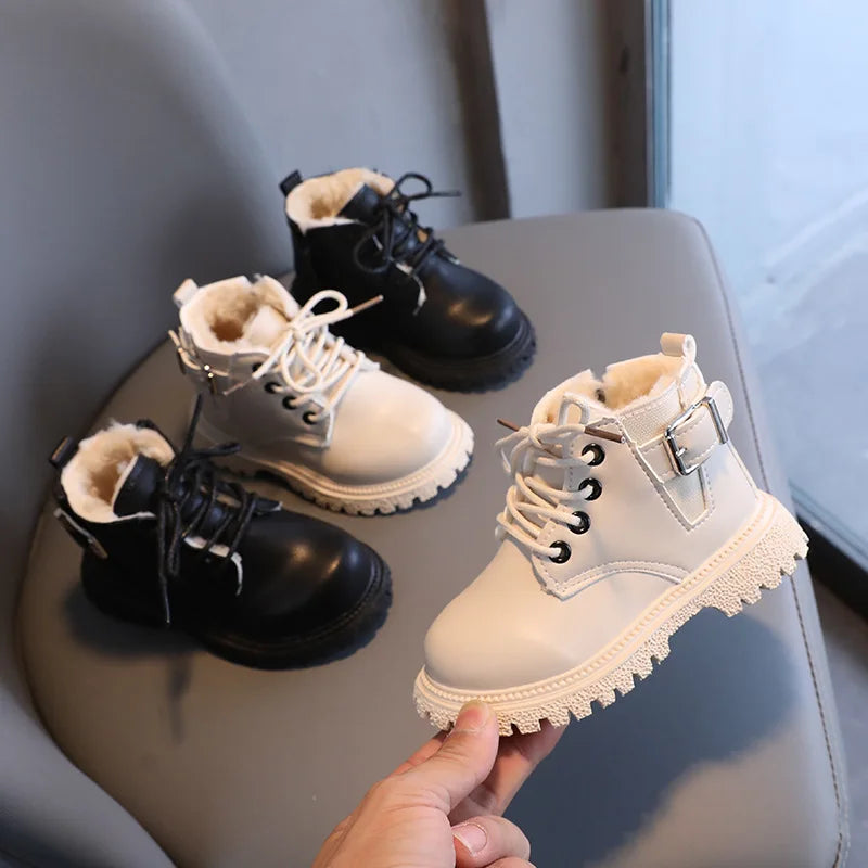Baby Kids Short Boots Fashion Toddler Girls Booties Kids Snow Boots Winter Plush Children Waterproof Leather Boots