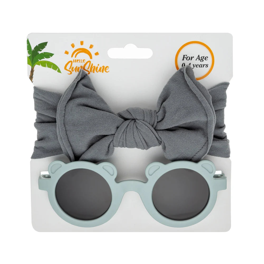 2Pcs/Set Bear Baby Sunglasses High Elastic Nylon Bow Headbands Color Round Frame Polarized Sun Protection Glasses Kids Eyewear