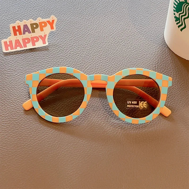 New Kids Cute Checker Panel Color Round UV400 Eyeglasses Baby Girls Outdoor Sun Protection Sunglasses Children Glasses
