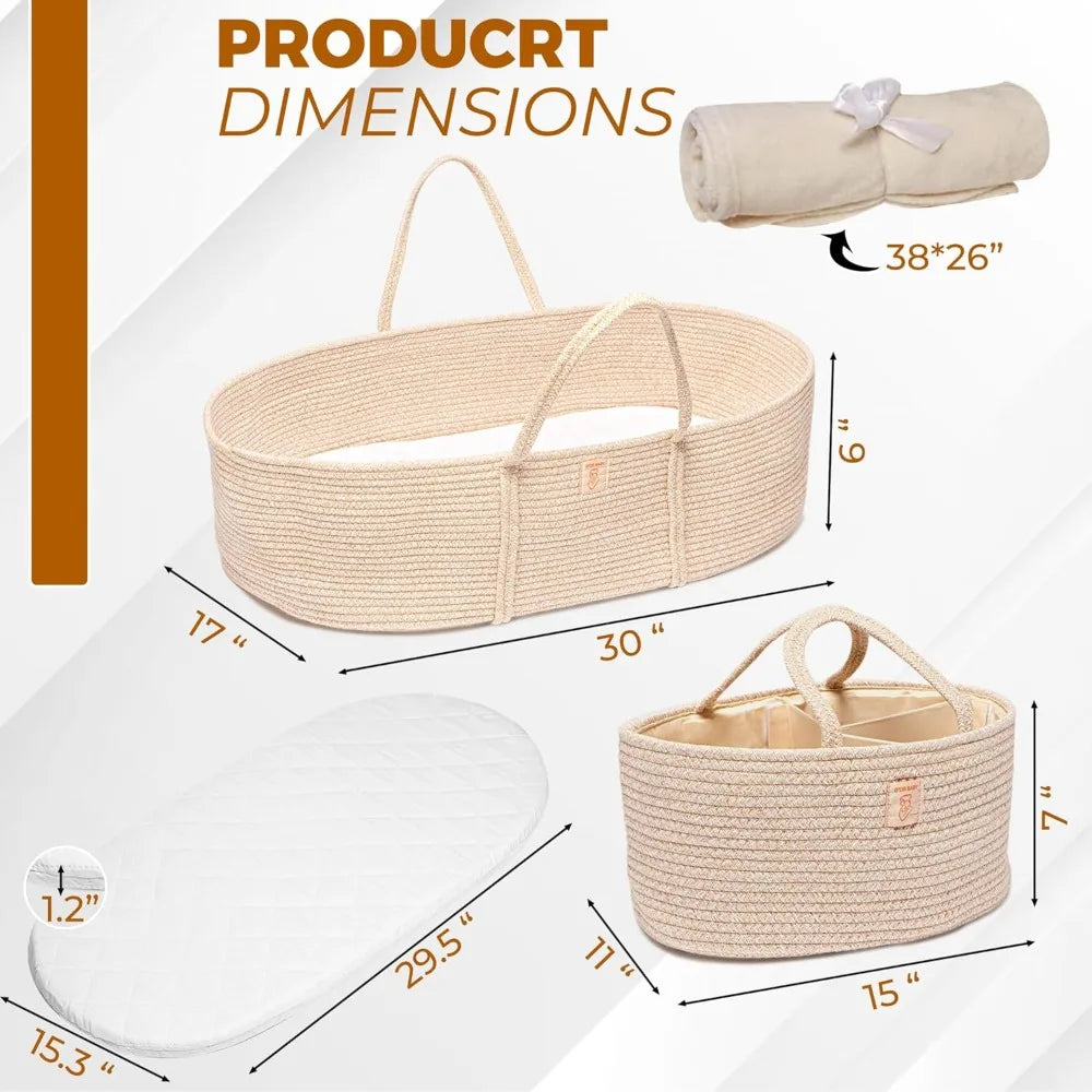 Trendy Baby Changing Basket Set 4 Pcs with Waterproof Pad Cover Diaper Organizer Cotton Blanket Moses Basket Nursery Decor