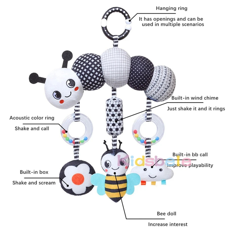 Baby Stroller Spiral with Rattle Crinkle Black White High Contrast Infant Hanging Toy for Car Seat Crib Rail Sensory Development