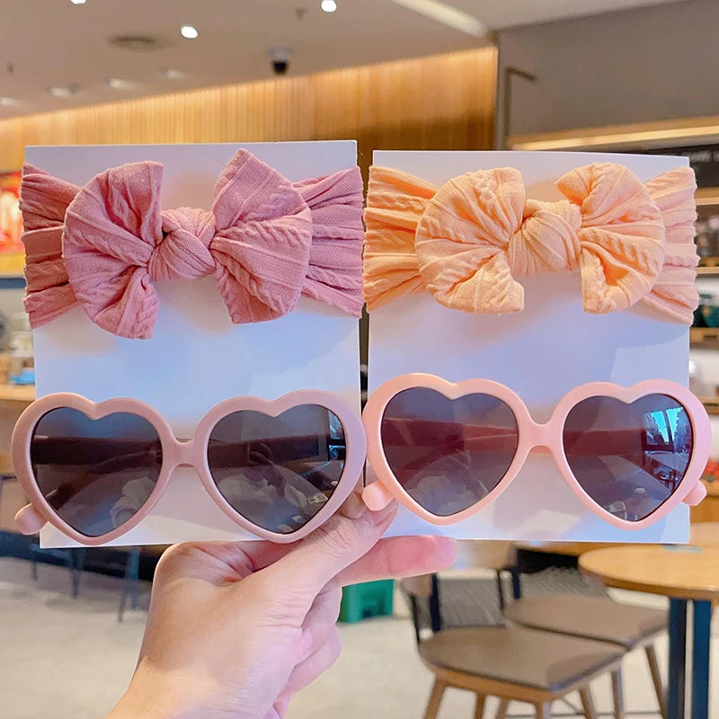 2 Pcs/Set Heart Circle Edge UV400 Sunglasses Cute Colorful Soft Bowknot Wide Hairbands Headwear Set Lovely Kids Hair Accessories