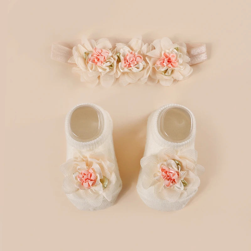 Baby Socks Headband Set Lace Flower Jacquard Anti-Slip Cotton 0-12 Months Newborn Gift Set Infant Girl Accessories