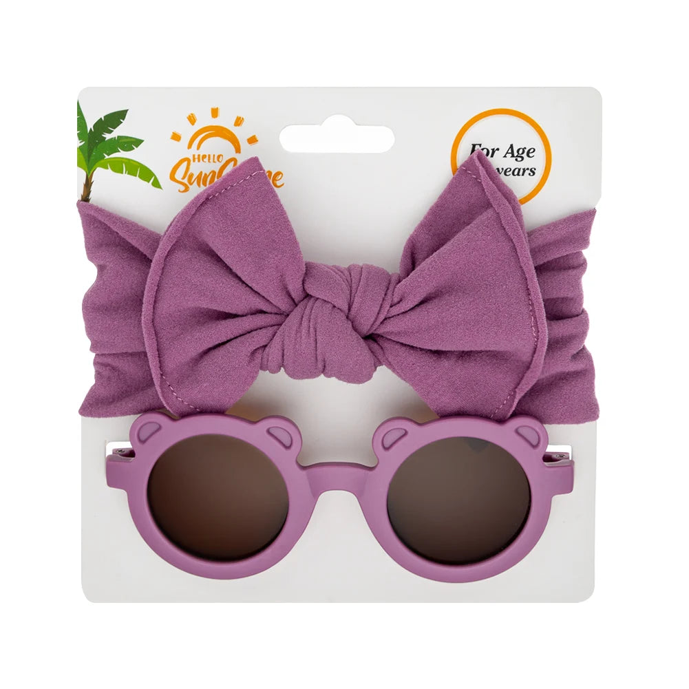 2Pcs/Set Bear Baby Sunglasses High Elastic Nylon Bow Headbands Color Round Frame Polarized Sun Protection Glasses Kids Eyewear
