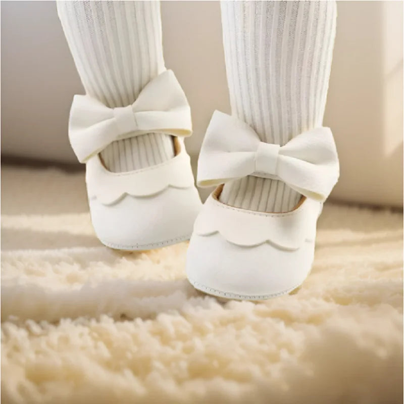 VALEN SINA 0-18 Months Newborn Girl White Shoes With Bow Non-slip Rubber Soft-Sole Flat PU First Walker Mary Janes