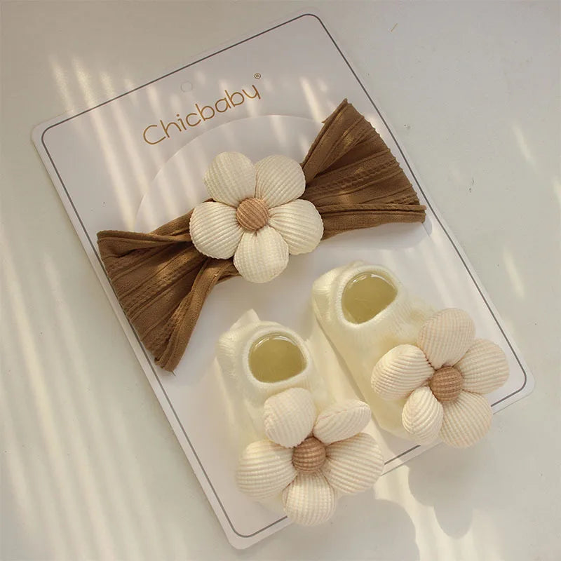 2Pcs/Set Flower Baby Girl Headband Socks Set Infant Soft Nylon Hair Band Newborn Boat Socks Sweet Princess Baby Hair Accessories