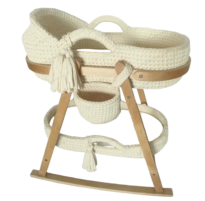 Luxury Baby Cradle Handwoven Crochet Bassinet Portable Moses Basket Newborn Lounger with Wooden Stand and Soft Mattress