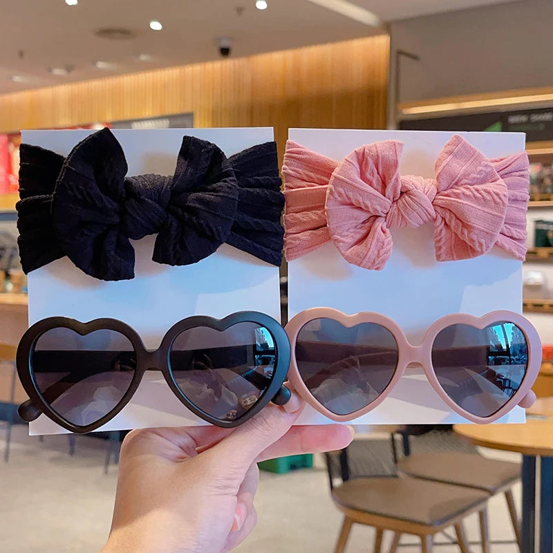 2 Pcs/Set Heart Circle Edge UV400 Sunglasses Cute Colorful Soft Bowknot Wide Hairbands Headwear Set Lovely Kids Hair Accessories