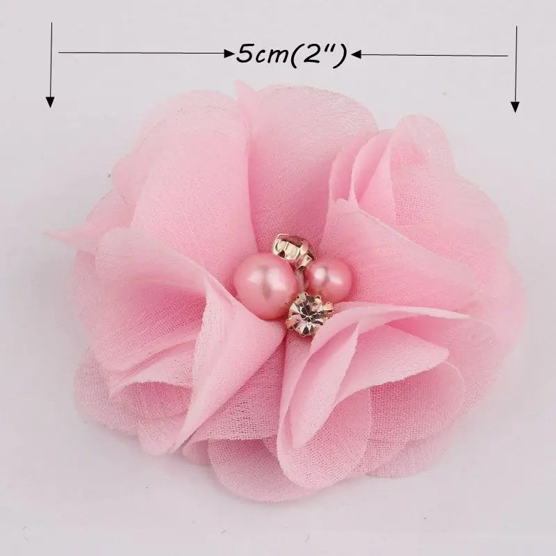 10PCS 2" 35 Colors Cute Chic Chiffon Flowers With Rhinestone Pearl Fabric Hair Flower With Clips For Girls Hair Accessories