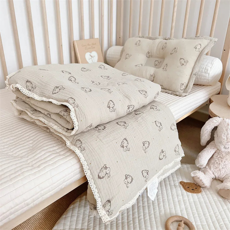Bunny Print Cotton Muslin Quilt for Winter Autumn Baby Crib Quilts Blanket Toddler Comforter Newborn Sleeping Cover