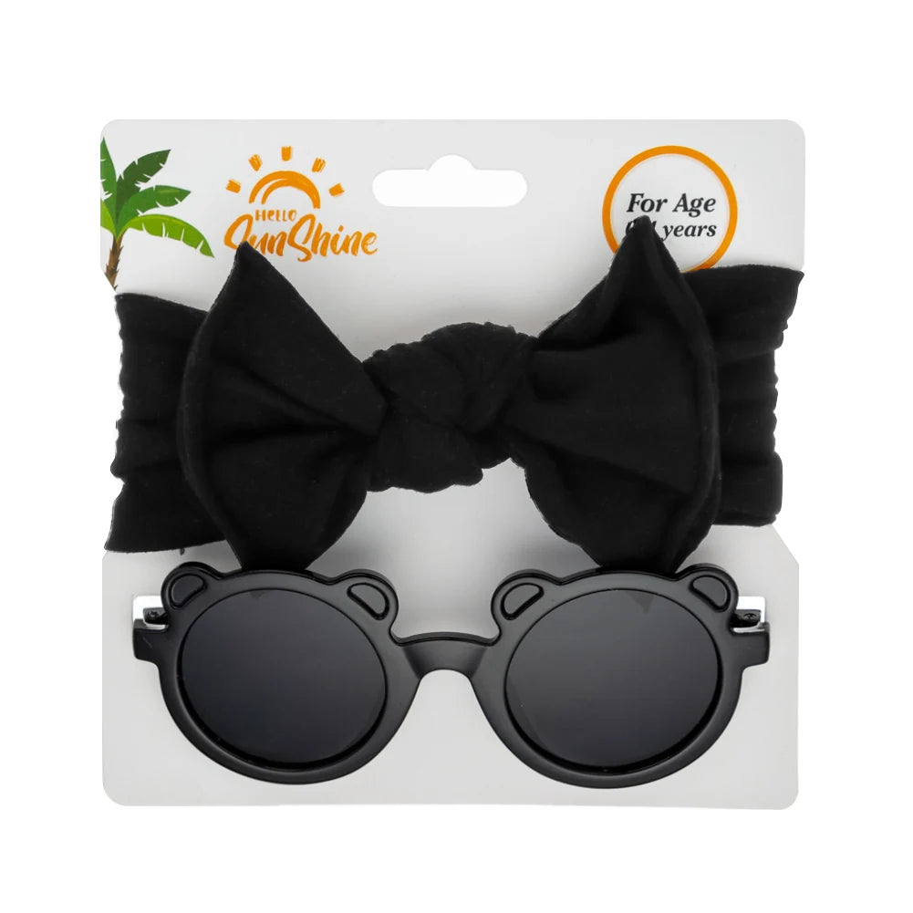 2Pcs/Set Bear Baby Sunglasses High Elastic Nylon Bow Headbands Color Round Frame Polarized Sun Protection Glasses Kids Eyewear