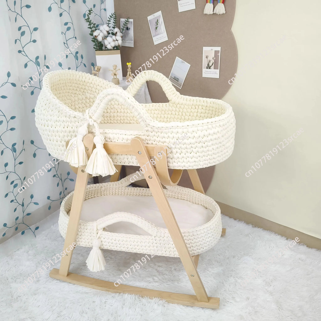 Baby Cradle Handwoven Beige Crochet Bassinet Portable Moses Basket Newborn Lounger with Wooden Stand and Soft Mattress