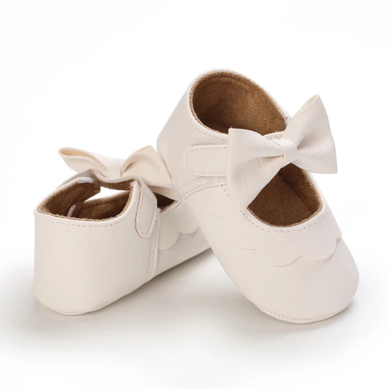 VALEN SINA 0-18 Months Newborn Girl White Shoes With Bow Non-slip Rubber Soft-Sole Flat PU First Walker Mary Janes