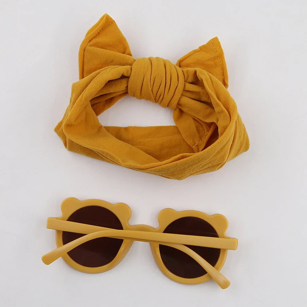 2Pcs/Set Bear Baby Sunglasses High Elastic Nylon Bow Headbands Color Round Frame Polarized Sun Protection Glasses Kids Eyewear