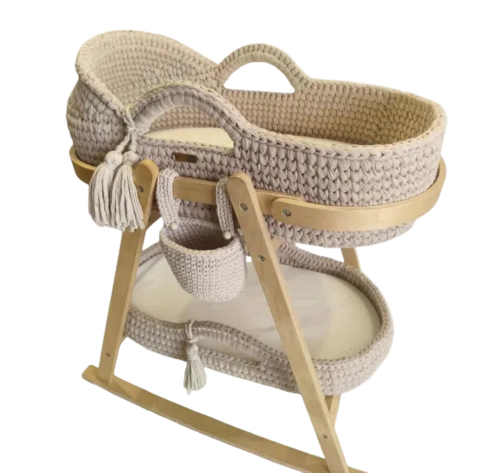 Luxury Baby Cradle Handwoven Crochet Bassinet Portable Moses Basket Newborn Lounger with Wooden Stand and Soft Mattress