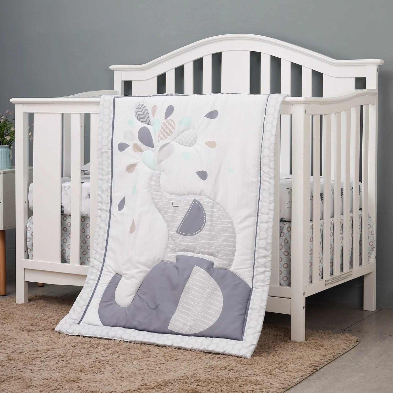 3pcs micro fiber brushed Baby Crib Bedding Set swan and flower design for Girls hot sale including quilt, crib sheet, crib skirt