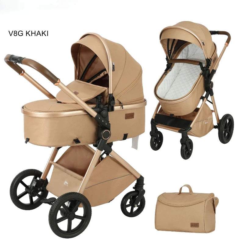 2-in-1 Two-way High-view Baby Stroller Foldable, Sit-and-lie for Strolling, Includes A Changing Bag