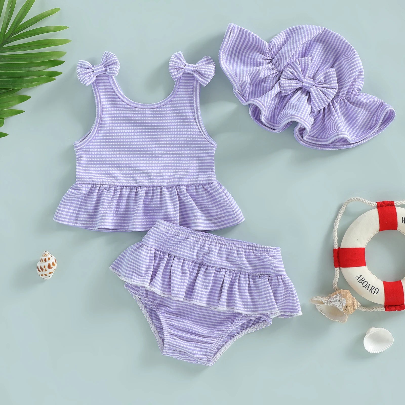 Adorable Infant Romper Stylish Sleeveless Swimsuit with Matching Hat 3Pcs Outfit Set