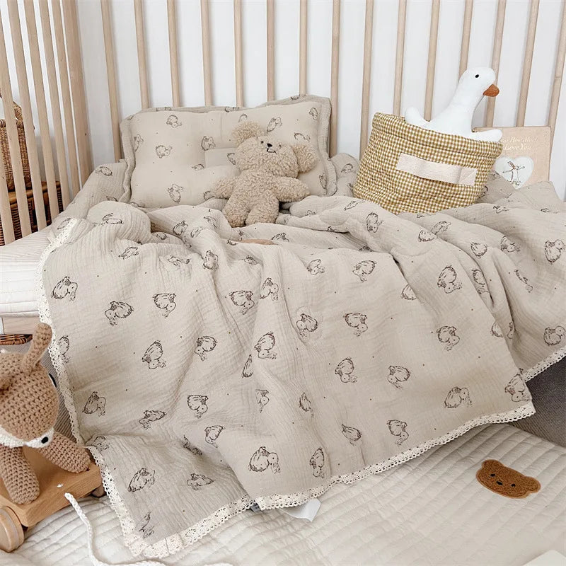 Bunny Print Cotton Muslin Quilt for Winter Autumn Baby Crib Quilts Blanket Toddler Comforter Newborn Sleeping Cover