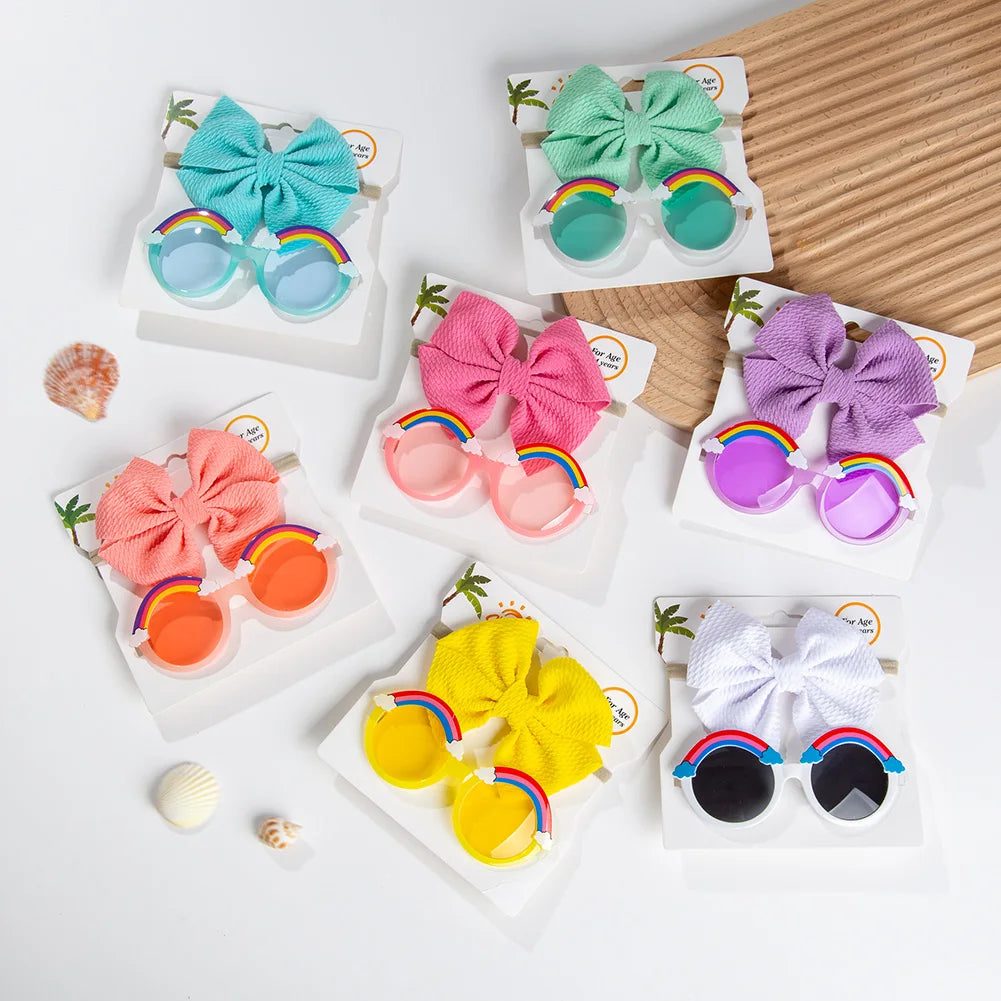 2Pcs/Set Rainbow Baby Sunglasses Bullet Bow Elastic Nylon Hair Bands Kids Boys Girls Cute Sun Glasses Photography Props