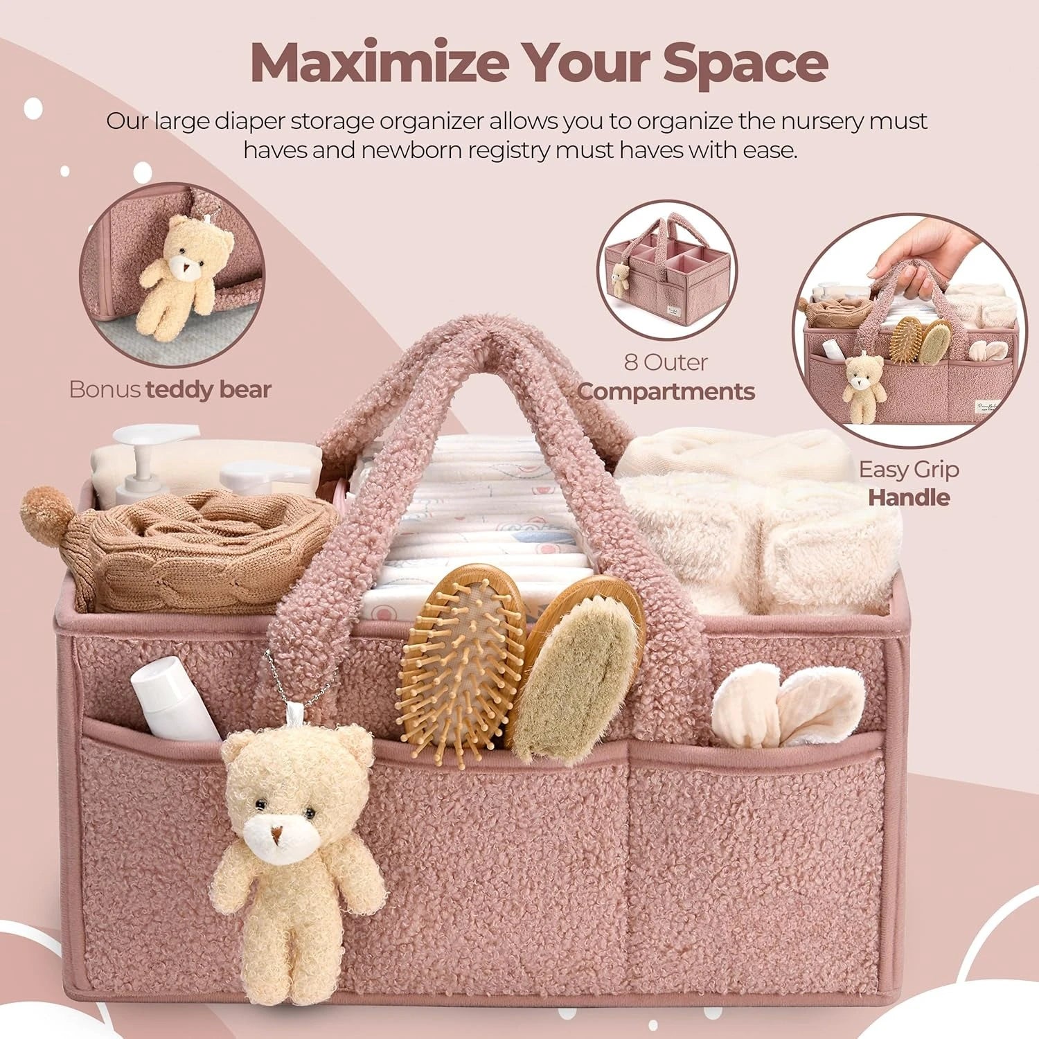 Baby Diaper Caddy Organizer for Changing Table, Plush Diaper Stackers & Caddies Diaper Bag with Teddy Bear,Diaper Storage Basket