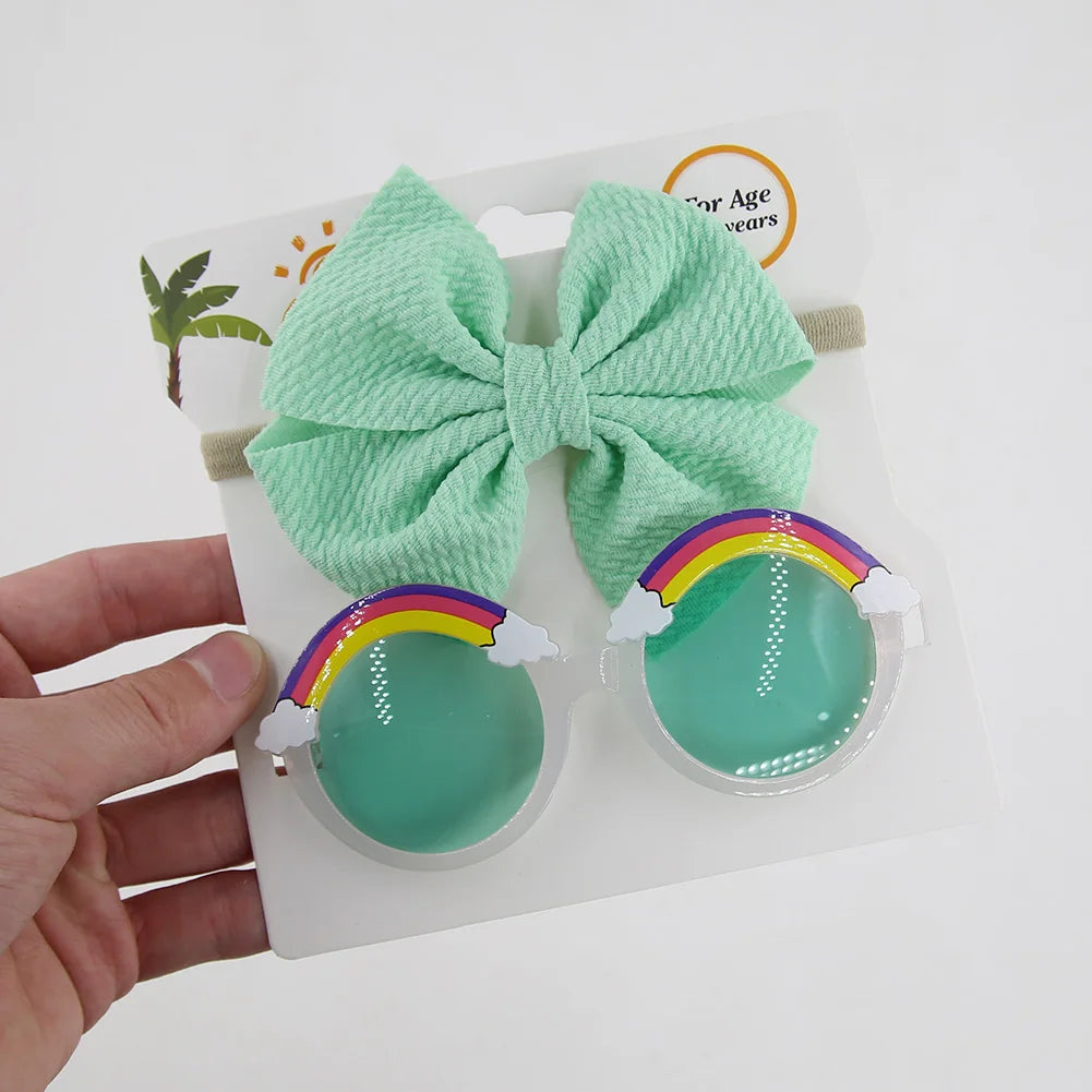 2Pcs/Set Rainbow Baby Sunglasses Bullet Bow Elastic Nylon Hair Bands Kids Boys Girls Cute Sun Glasses Photography Props