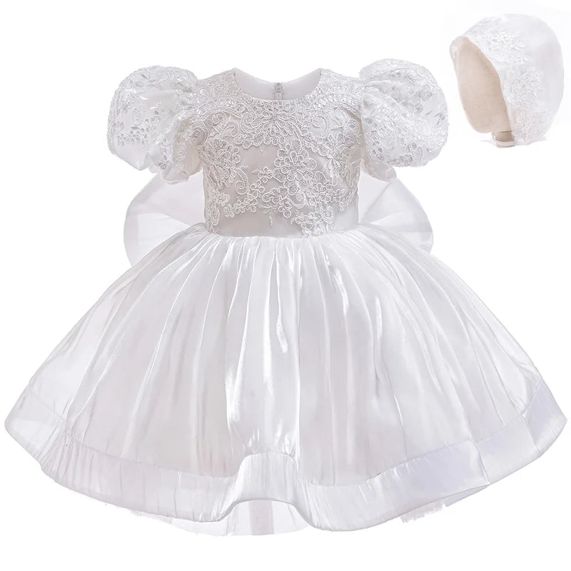 Baby Girls White Christening Dress With Bonnet Toddler Baptism Gown Outfit For 1st Year Birthday Party Infant Wedding Dresses