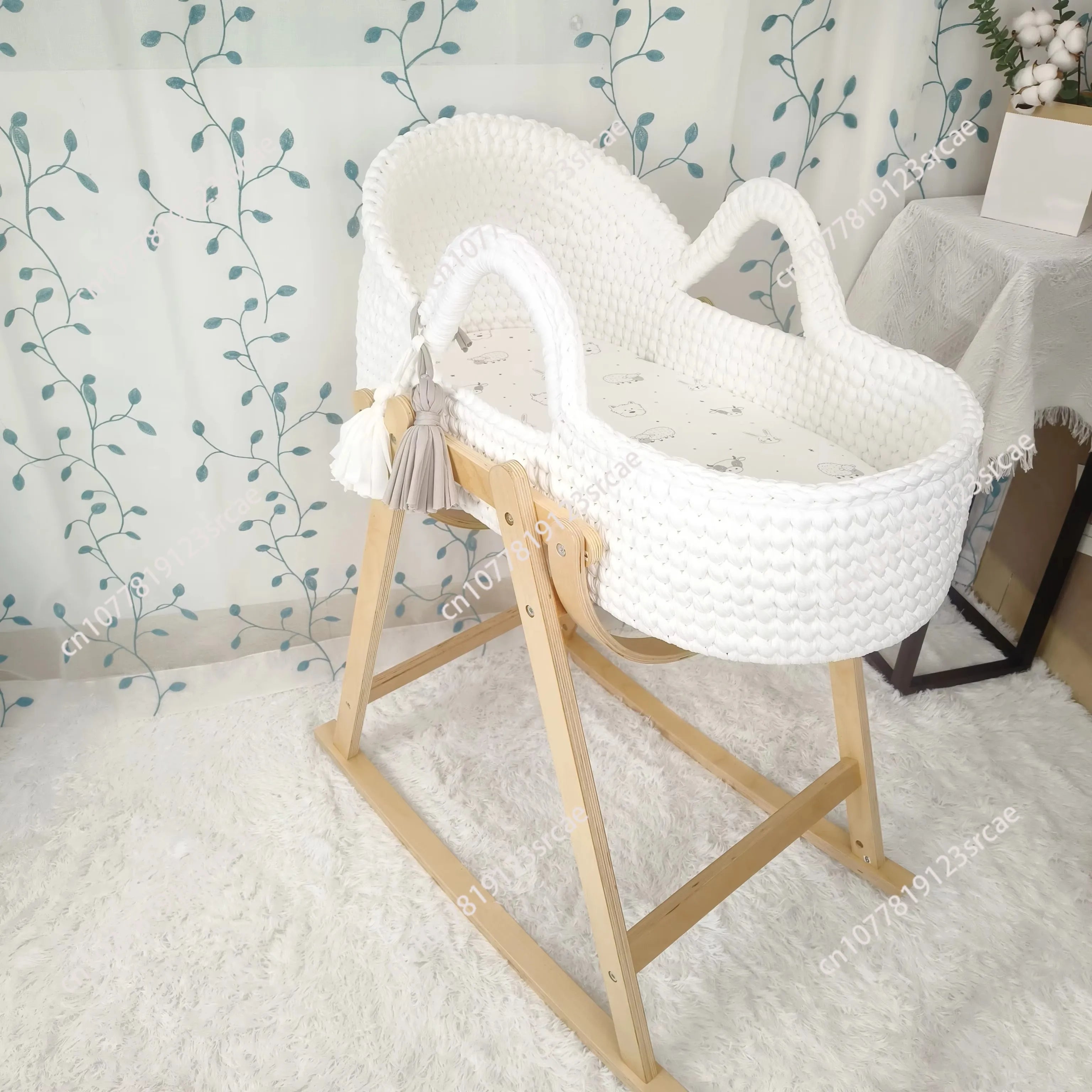 Baby Cradle Handwoven Beige Crochet Bassinet Portable Moses Basket Newborn Lounger with Wooden Stand and Soft Mattress