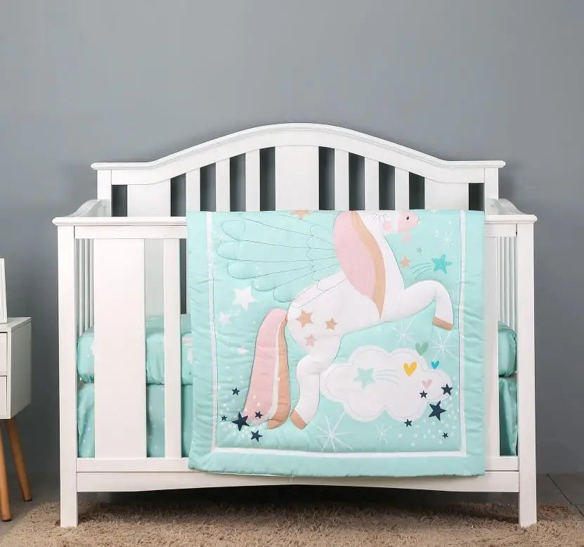 3pcs micro fiber brushed Baby Crib Bedding Set swan and flower design for Girls hot sale including quilt, crib sheet, crib skirt