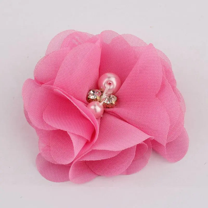 10PCS 2" 35 Colors Cute Chic Chiffon Flowers With Rhinestone Pearl Fabric Hair Flower With Clips For Girls Hair Accessories