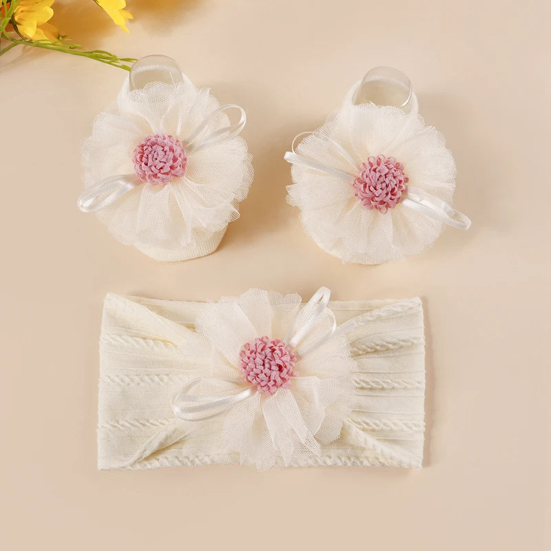 Baby Socks Headband Set Lace Flower Jacquard Anti-Slip Cotton 0-12 Months Newborn Gift Set Infant Girl Accessories