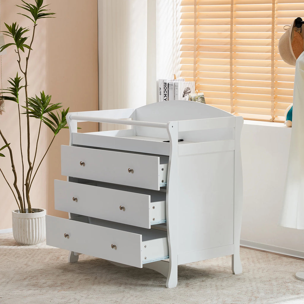 White 3-Drawer Wooden Baby Crib with Safety Rail & Storage Combo