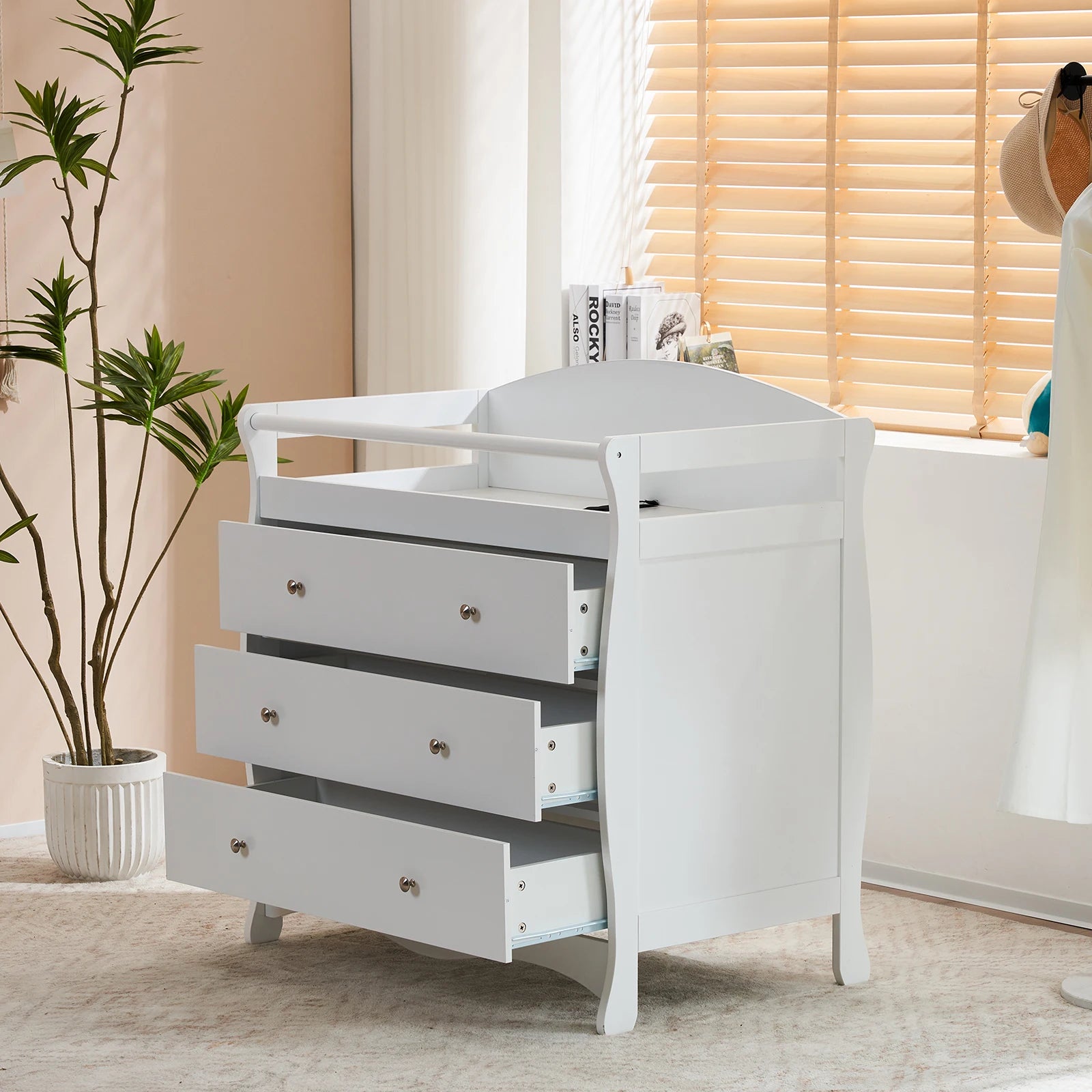 White 3-Drawer Wooden Baby Crib with Safety Rail & Storage Combo