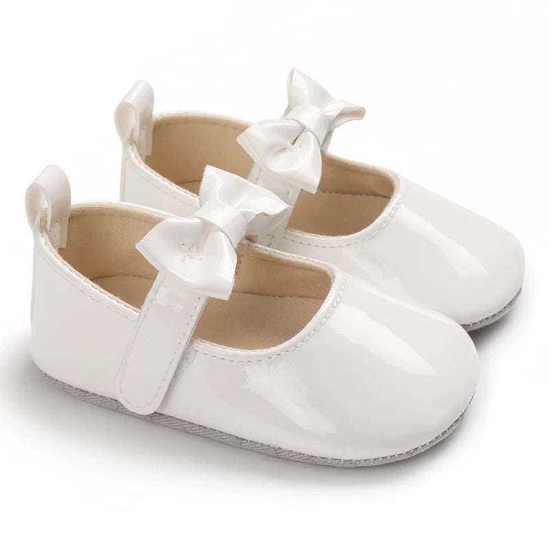 VALEN SINA 0-18 Months Newborn Girl White Shoes With Bow Non-slip Rubber Soft-Sole Flat PU First Walker Mary Janes