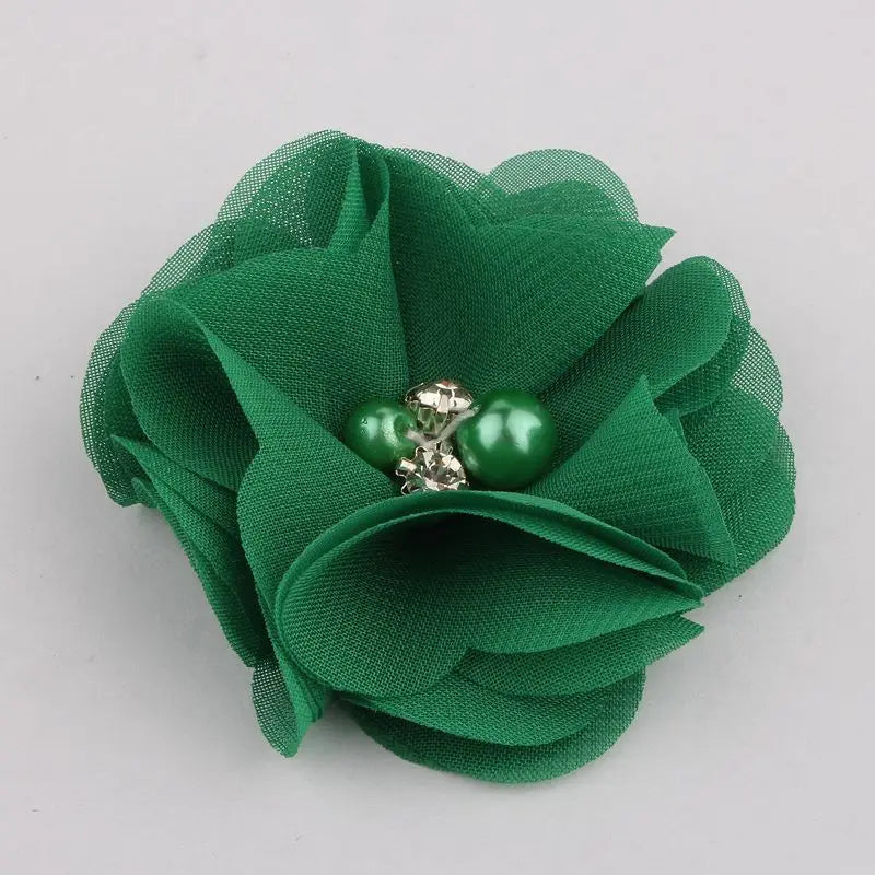 10PCS 2" 35 Colors Cute Chic Chiffon Flowers With Rhinestone Pearl Fabric Hair Flower With Clips For Girls Hair Accessories