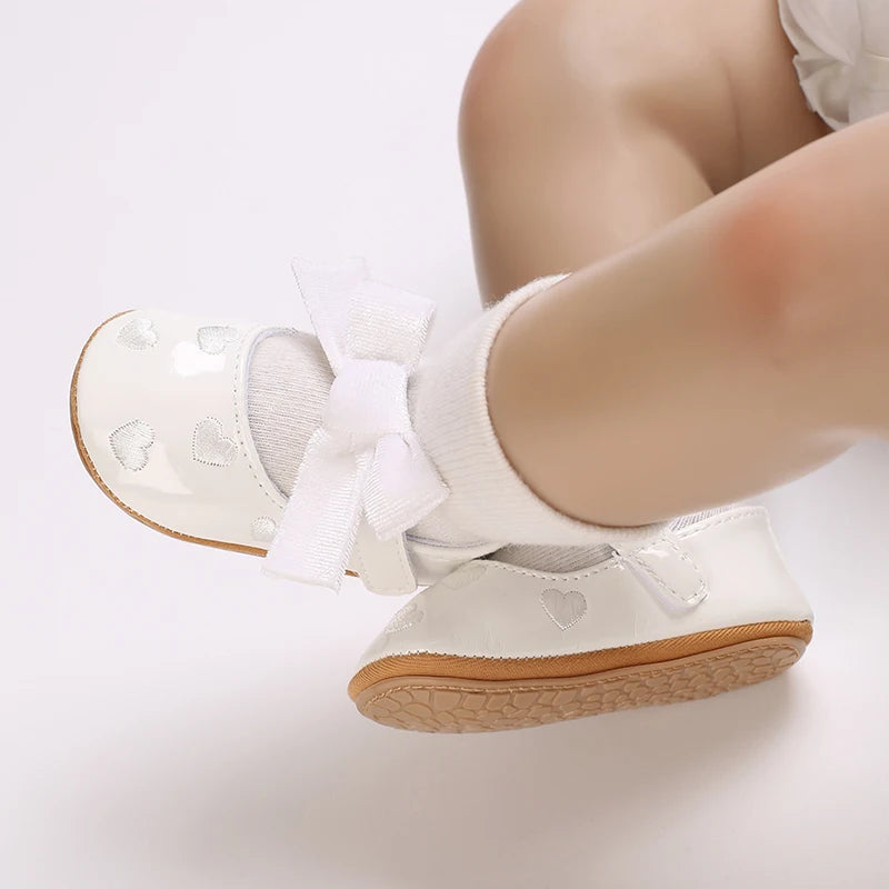 VALEN SINA 0-18 Months Newborn Girl White Shoes With Bow Non-slip Rubber Soft-Sole Flat PU First Walker Mary Janes