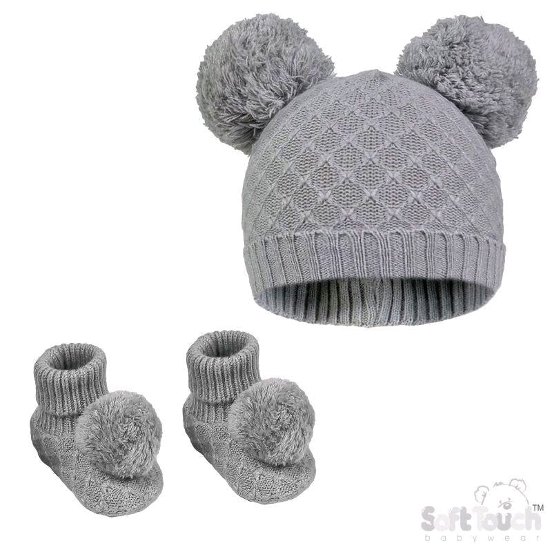 Grey Newborn-6 Months Pom Pom Hat & Bootee Set