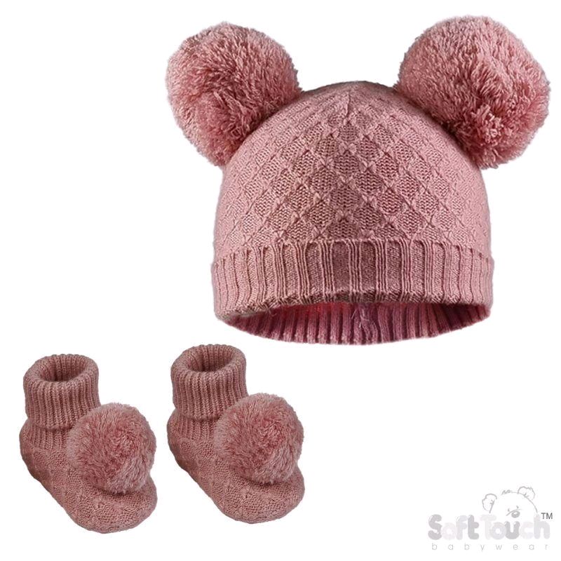Pink Newborn-6 Months Pom Pom Hat & Bootee Set