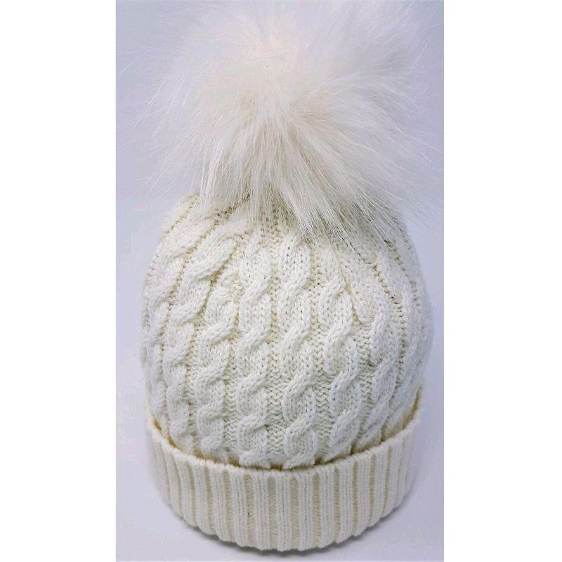 Baby Cable Knit Hat with Fur Pom Pom - White, Perfect for Winter 0-6 Months