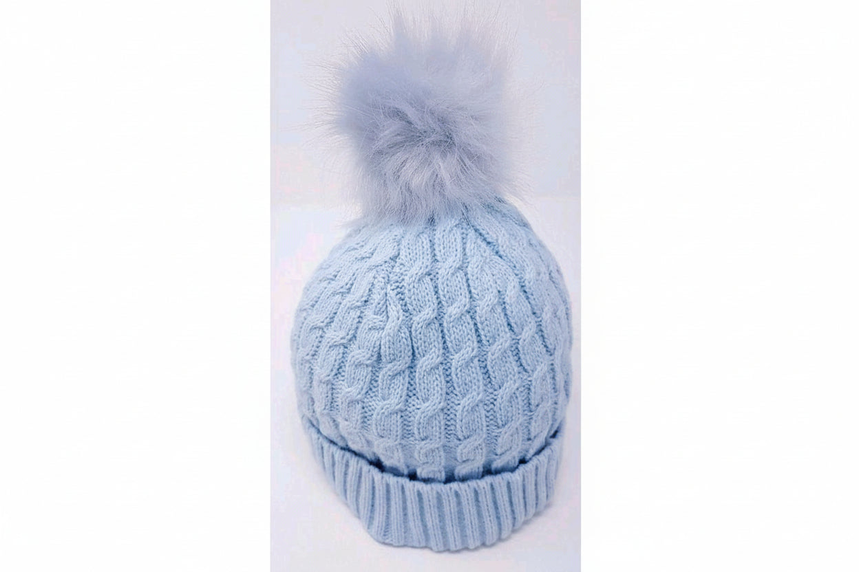 Baby Cable Knit Fur Pom Hat in Sky Blue Color 0-6 Months
