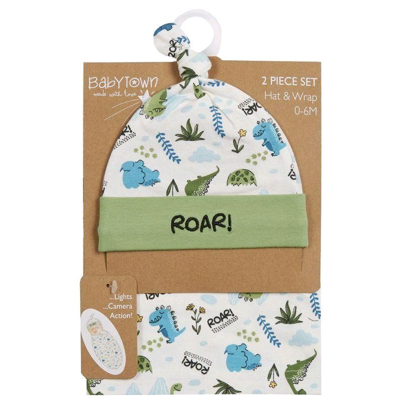 Dinosaur Print Hat & Swaddle Wrap Set for 0-6 Months