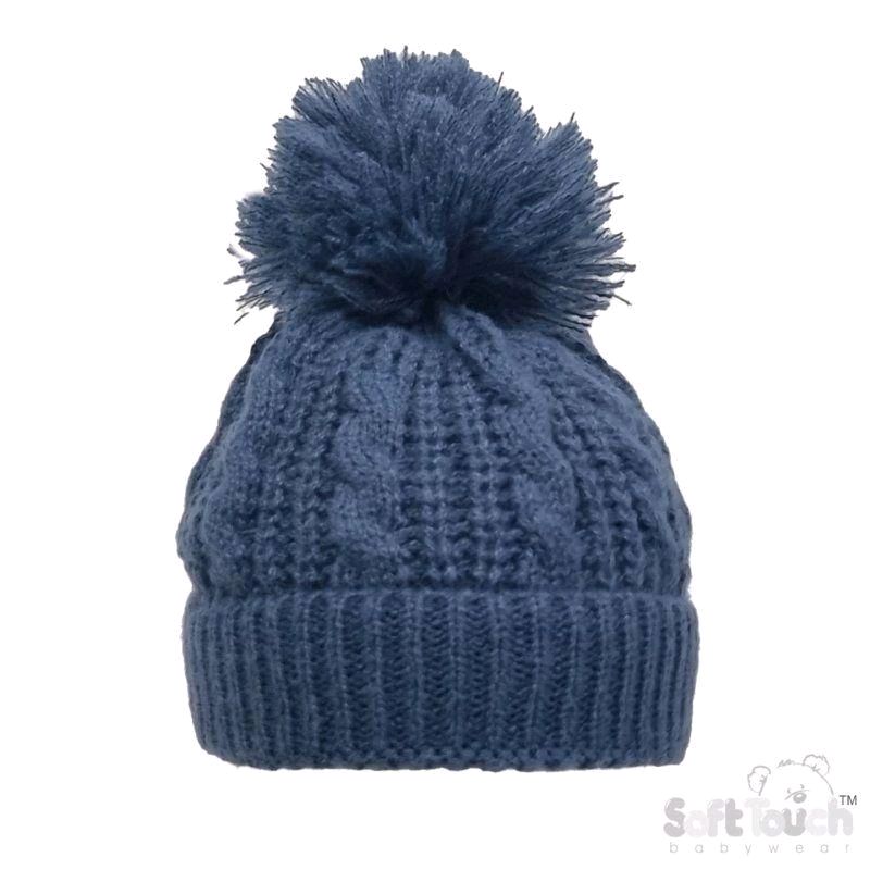 Soft Touch Baby Boys Steel Blue Cable Knit Hat with Pom Pom - NB to 12 Months